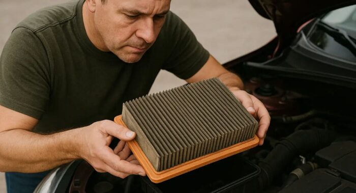 Hombre cambia filtro de aire por uno limpio Hombre cambia filtro de aire por uno limpio