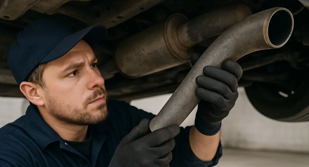 mec&aacute;nico reparando partes de tubo de escape de auto
